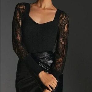 Anthropologie Black Lace Sleeve Sweater Size M